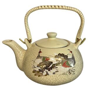 Japanese Tea Pot Cream Ceramic Porcelain Brew Peacock Bird Transfer Ware Vintage